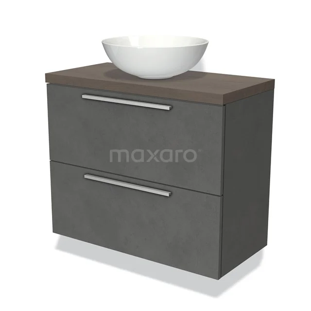Grey bathroom furniture set with wood-look worktop and white top washbasin, modern design with two drawers for stylish storage space.