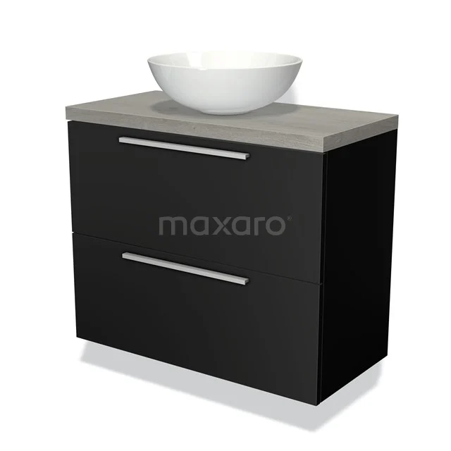 Black Bathroom unit with two drawers, concrete-look worktop and white countertop wash basin; stylish and modern design for any bathroom.