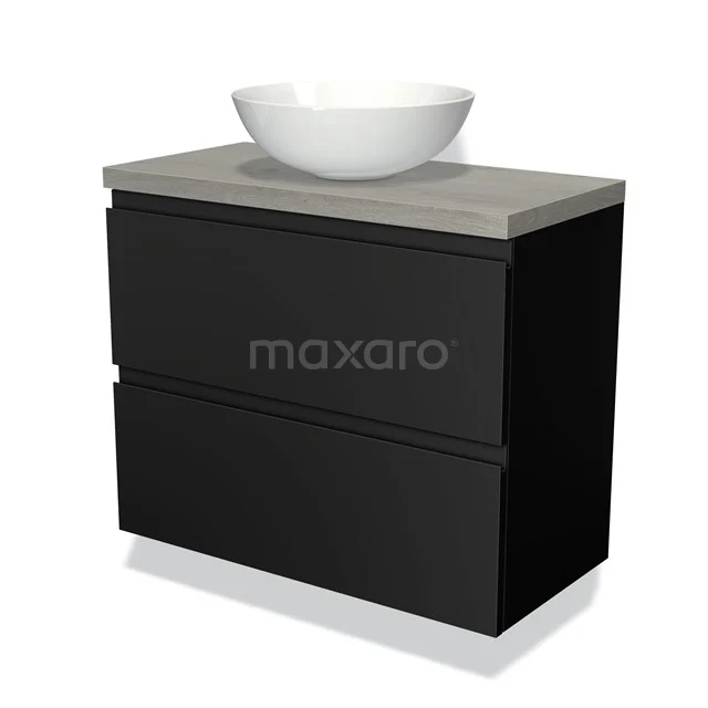 Black bathroom cabinet with two drawers, concrete worktop and white round basin; stylish addition for modern bathrooms.