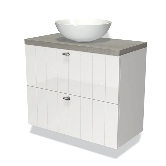 Modulo Plato Slim Badmöbel mit Aufsatzwaschbecken | 80 cm Hochglanz Weiß Lamelle front Graue Eiche blatt 2 übereinanderliegende Schubladen BMK37-01324 Weißes Badezimmermöbel mit Hochglanzoberfläche, graue Holzplatte und rundem Aufsatzwaschbecken, modernes Design für stilvolle Bäder.