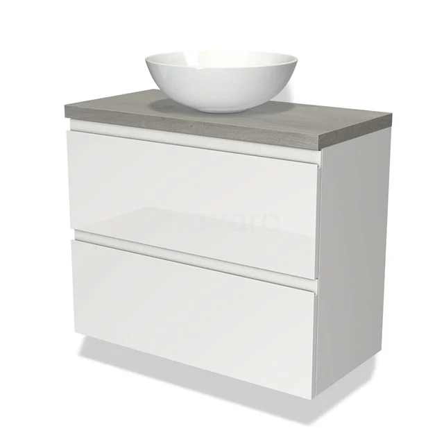 Weißes Badezimmermöbel mit grauem Holzplatte und rundem Aufsatzwaschbecken, modernes Design, ideal für eine stilvolle Badezimmer Einrichtung.