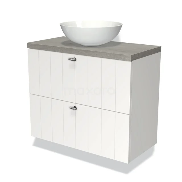 Badmöbel mit Konsole 80cm Modulo Plato Slim Matt Weiß 2 Schubladen Laminat BMK37-01327 Weißes Badmöbel mit grauer Holzplatte und rundem weißen Waschbecken; modernes Design, 2 Schubladen, ideal für stilvolle Bäder.