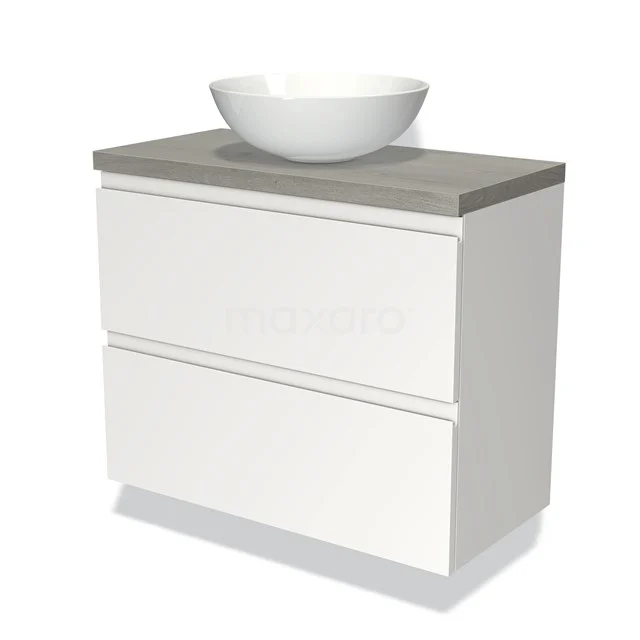 White bathroom unit with grey top and round countertop wash basin, sleek design, ideal for modern bathroom interiors.
