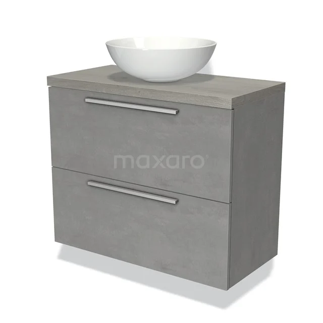 Grey hanging vanity unit with two drawers, ceramic white countertop basin and modern handles, ideal for the bathroom.