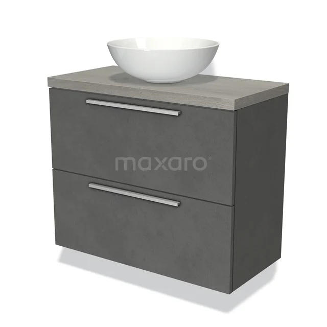 Grey vanity unit with a modern design, featuring two drawers and a white round countertop wash basin, perfect for the bathroom.