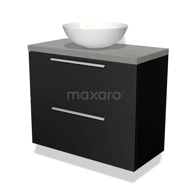 Black suspended bathroom unit with grey basin worktop and white surface-mounted basin, sleek design with metal handles.