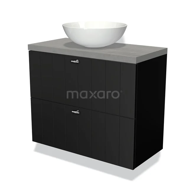 Black vanity unit with two drawers, grey worktop and oval white bowl; modern design for a stylish bathroom.