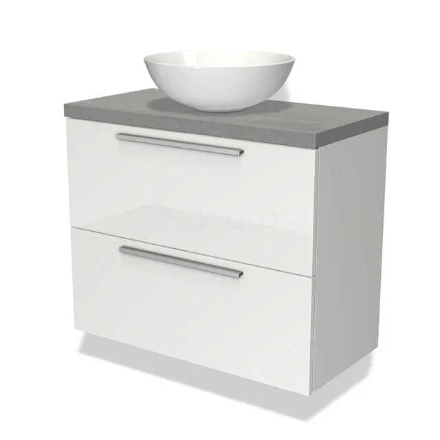 Weißer Badschrank mit zwei Schubladen, graue Waschtischplatte und runde keramische Aufsatzwaschbecken, modernes Design.