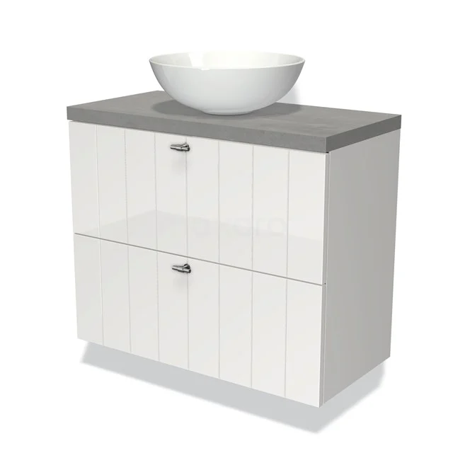 Weißes Badezimmermöbel mit grauer Steinplatte und rundem Aufsatzwaschbecken, modernes Design, ideal für eine stilvolle Badezimmergestaltung.