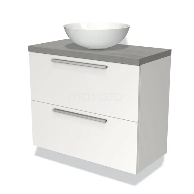 Weißes Badezimmermöbel mit grauer Platte, keramische schalenförmige Waschbecken, zwei Schubladen mit metallischen Haltegriffen, modernes und stilvolles Design.