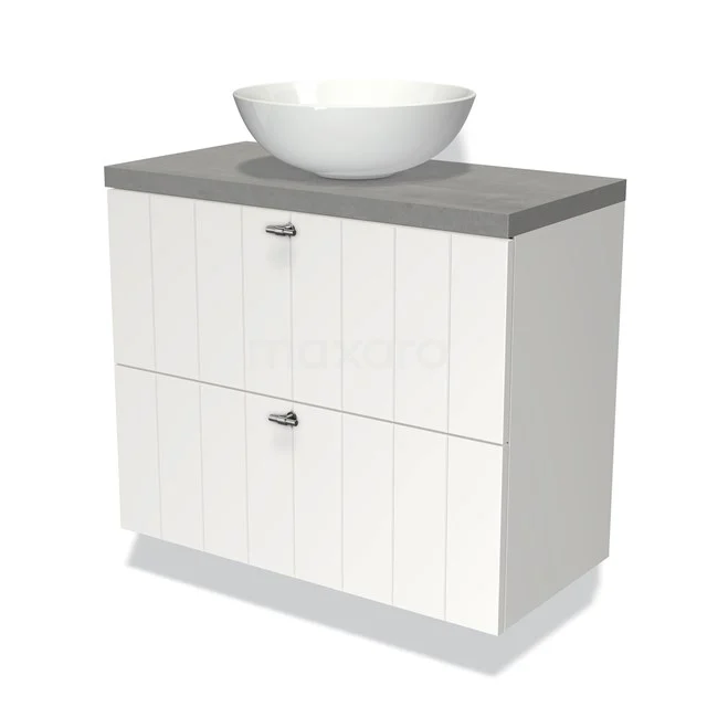 Badmöbel mit Konsole 80cm Modulo Plato Slim Matt Weiß 2 Schubladen Laminat BMK37-01357 Weißes Badezimmermöbel mit grauer Platte, keramischem Waschbecken und zwei Schubladen, ideal für moderne Bäder.