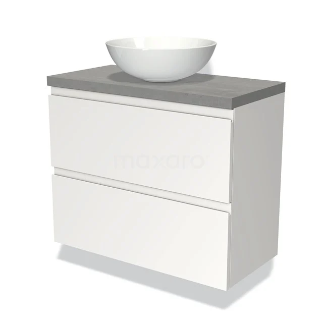 Waschtischunterschrank mit Konsole 80cm Modulo Plato Slim Matt Weiß 2 Schubladen Grifflos BMK37-01358 Weißes Badezimmermöbel mit ovalem Aufsatzwaschbecken, graue Platte im Betonlook, moderner Stil mit zwei Schubladen für Stauraum.