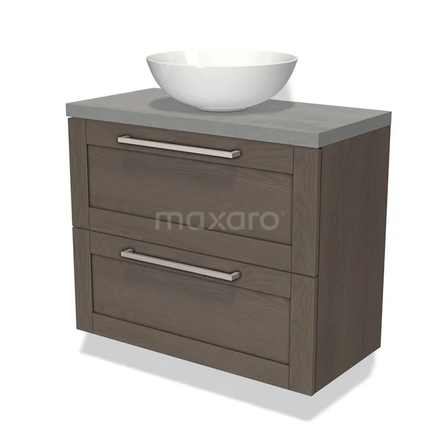 Houten badkamerkast met grijze wastafelblad en witte opzetkom, modern design, ideaal voor stijlvolle badkameropslag.
