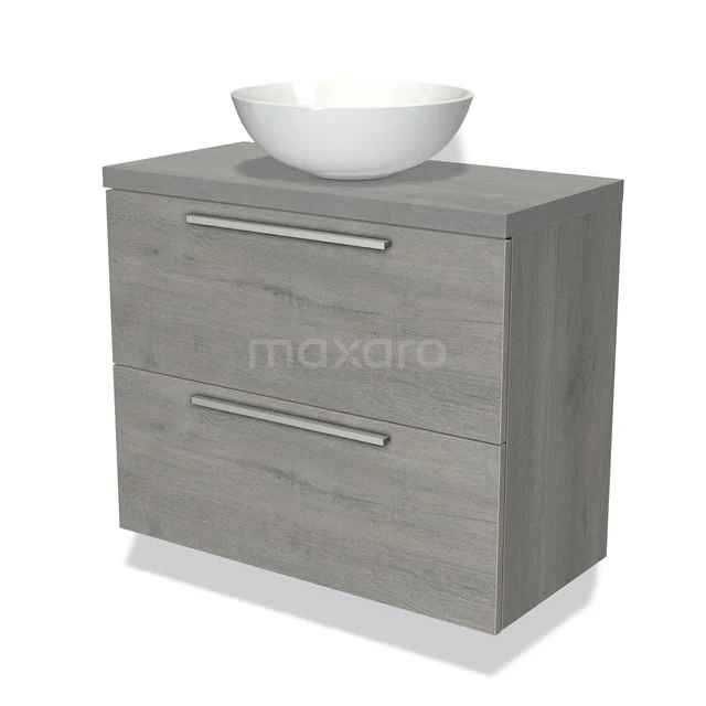 Holz Badezimmermöbel Grau mit Aufsatzwaschbecken, 2 Schubladen und modernen Griffen, ideal für einen stilvollen und funktionalen Badezimmerraum.