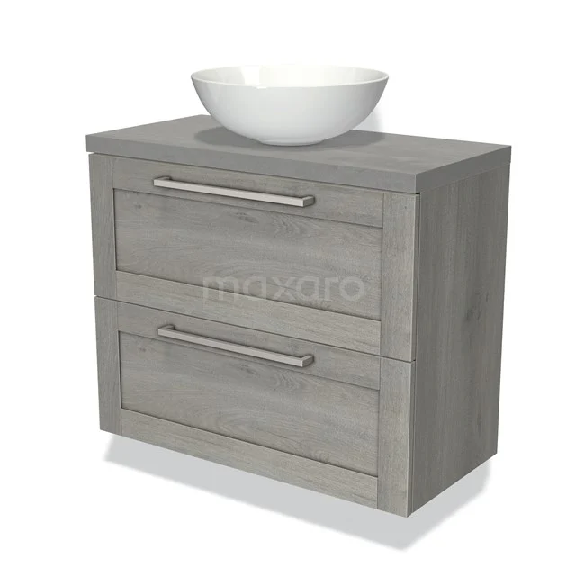 Grijze badkamermeubelset met twee lades, houtlook afwerking en een ronde witte wastafel bovenop.