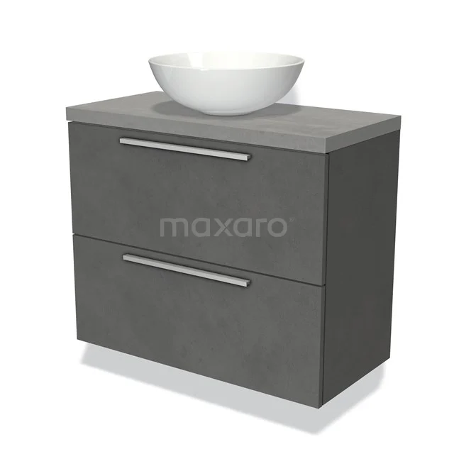 Grijs wastafelmeubel met twee lades, moderne betonlook en witte ronde waskom, perfect voor een stijlvolle badkamer.