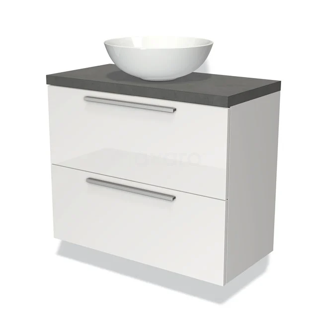 Weiß glänzendes Badmöbel mit grauem Steingranitplatte und rundem Aufsatzwaschbecken, modernes Design, ideal für ein stilvolles Badezimmer.