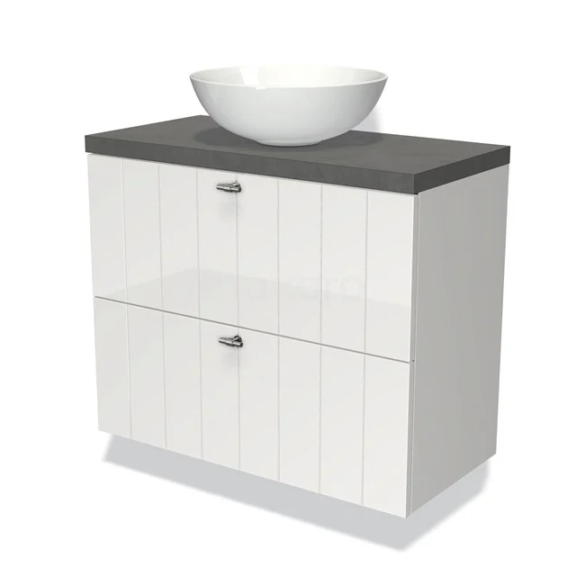 Wit badkamermeubel met houtnerf, antraciet blad en ronde wastafel; modern ontwerp met opberglades.