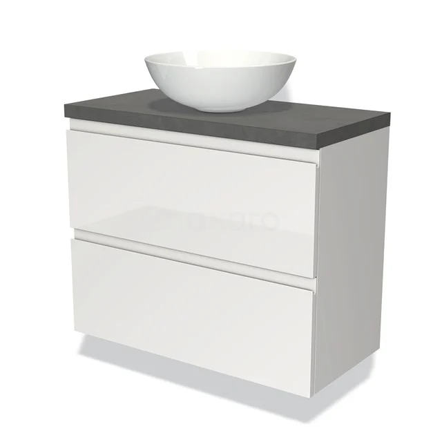 Wit badkamermeubel met grijze stenen wastafelblad en ronde opzetwaskom, modern design en strak afgewerkt.