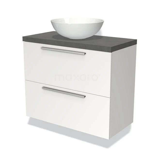 Modulo Plato Slim Badmöbel mit Aufsatzwaschbecken | 80 cm Matt Weiß Flach front Dunkelgrauer Beton blatt 2 übereinanderliegende Schubladen BMK37-01387 Weißes Badezimmermöbel mit zwei Schubladen, graue Platte und runde keramische Waschbecken, modernes Design mit metallischen Haltegriffen.