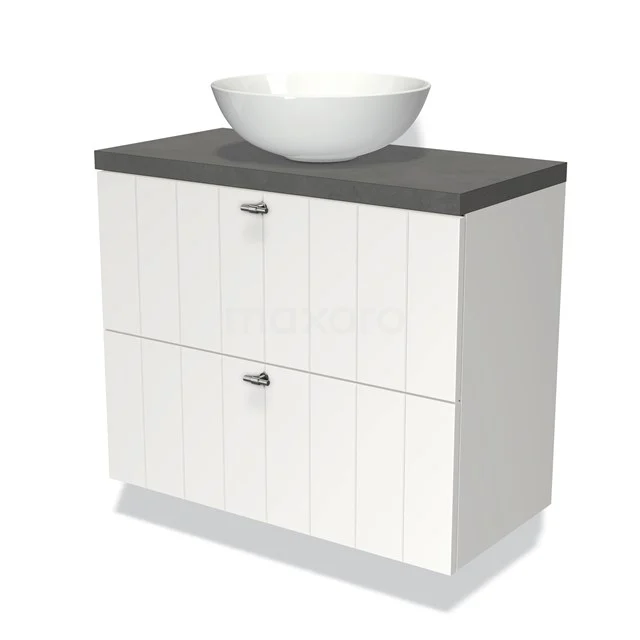 Weißes Badezimmermöbel mit grauem Waschbecken und zwei Schubladen, aus Holz gefertigt, ideal für moderne Badezimmergestaltung.