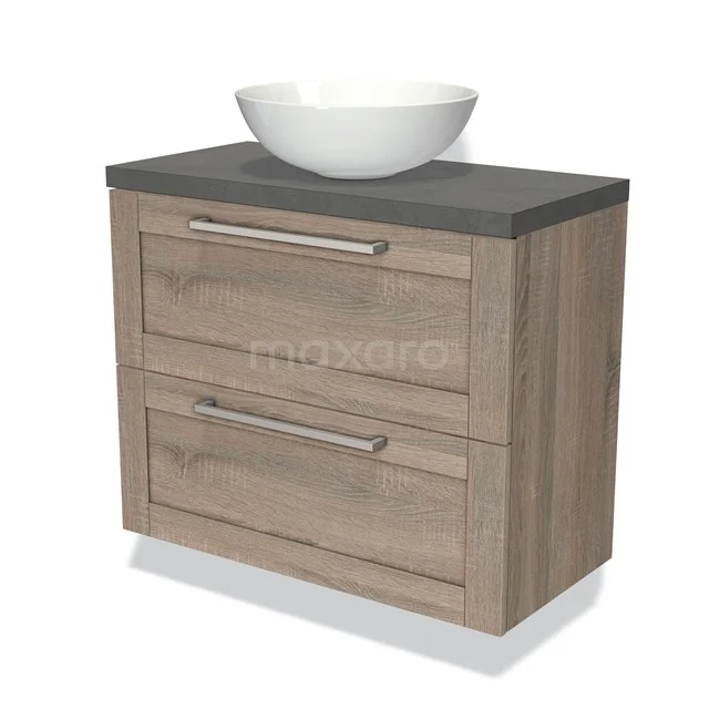Houten badkamermeubel met grijze top, witte keramische waskom en twee lades, modern design, ideaal voor compacte badkamers.