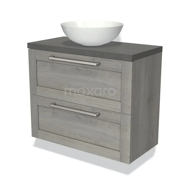 Grijs houten badkamermeubel met twee lades en witte opbouw waskom, ideaal voor een moderne badkamer inrichting.