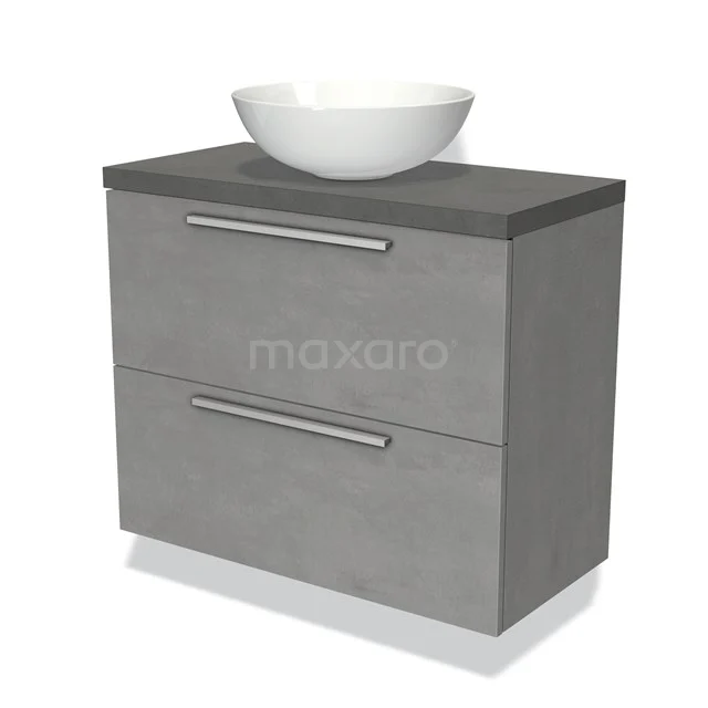 Grijze badkamermeubelset met betonlook en ronde opbouwwaskom, moderne stijl, ideaal voor een strakke badkamerinrichting.