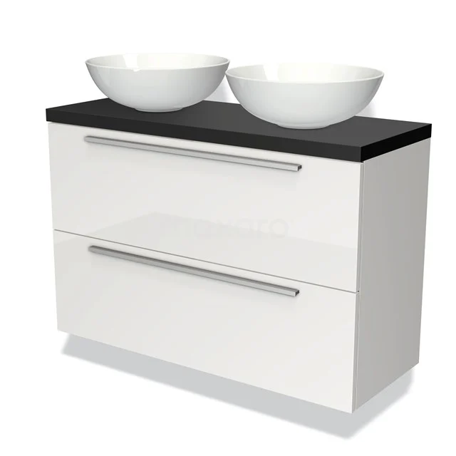 Waschtischunterschrank mit Konsole 100cm Modulo Plato Slim Hochglanz Weiß 2 Schubladen Flach BMK37-01412 Weißes Badezimmermöbel mit Doppelwaschbecken, schwarzer Arbeitsplatte und zwei Schubladen, modernes Design.