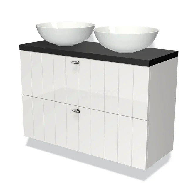 Weißes Badezimmermöbel mit schwarzer Oberplatte und zwei runden Waschbecken, modernes Design mit geräumigen Schubladen.