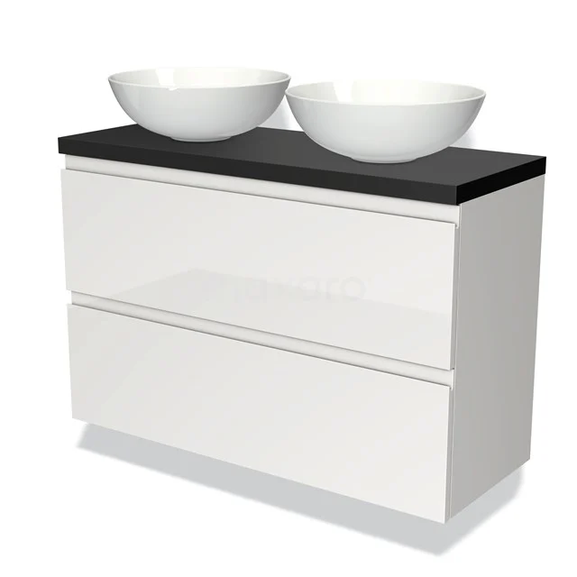 Weißes Badezimmermöbel mit zwei runden Waschbecken, schwarzer Platte, modernem Design und geräumigen Schubladen.
