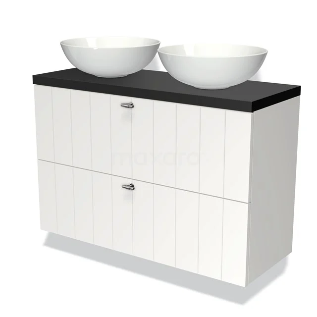 Modulo Plato Slim Badmöbel mit Aufsatzwaschbecken | 100 cm Matt Weiß Lamelle front Matt Schwarz blatt 2 übereinanderliegende Schubladen BMK37-01416 Weißes Holz-Badmöbel mit zwei runden Aufsatzwaschbecken und einer schlichten schwarzen Platte, ideal für einen modernen Badezimmerstil.
