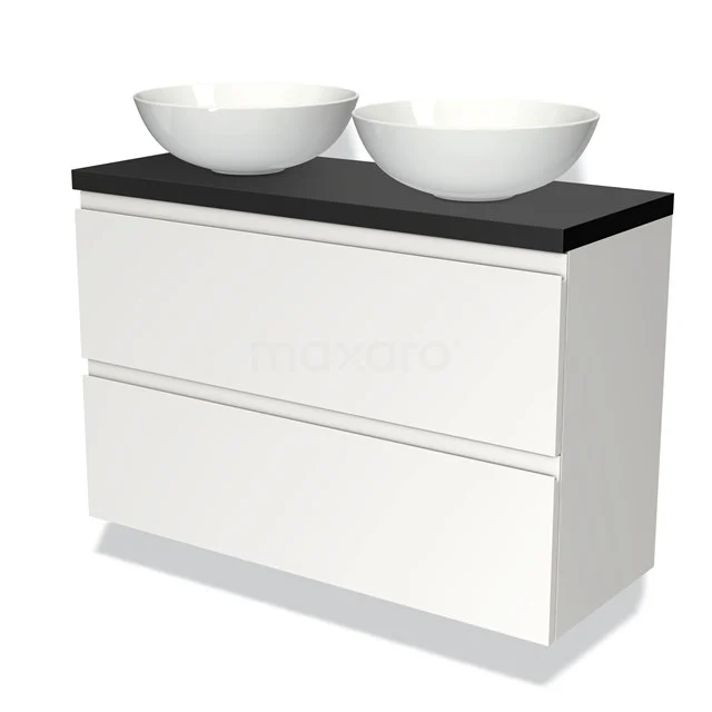 Weißes Badezimmermöbel mit schwarzer Platte, doppelte keramische Aufsatzwaschbecken, modernes Design, perfekt für ein stilvolles Badezimmer.