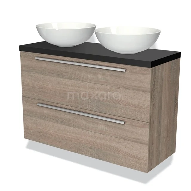 Houten wastafelmeubel met twee witte komvormige wasbakken, zwarte blad en moderne lades, perfect voor een stijlvolle badkamer.
