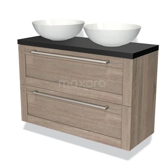 Hölzernes Badezimmermöbel mit Schublade, schwarzer Platte und zwei weißen Aufsatzwaschbecken; modernes Design, ideal für stilvolle Bäder.