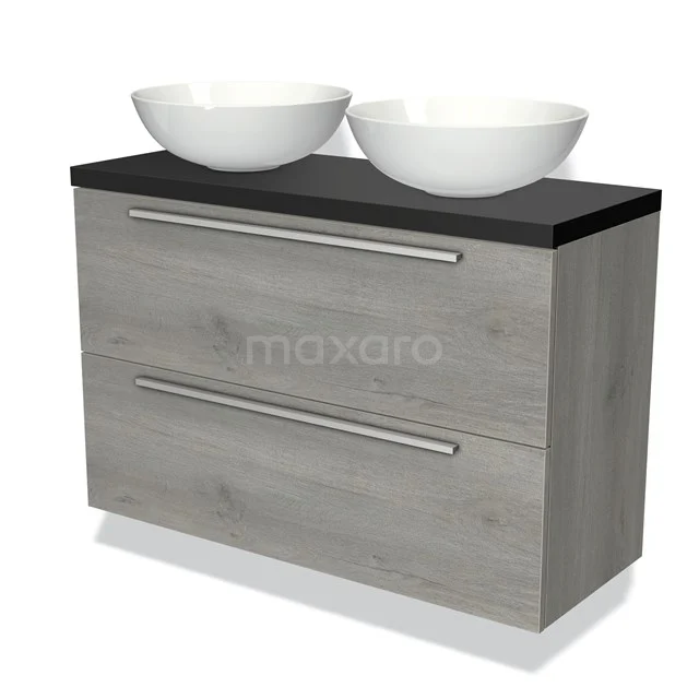 Grijze houten badkamermeubel met twee witte wastafels en zwart blad, modern design voor stijlvolle badkamers.