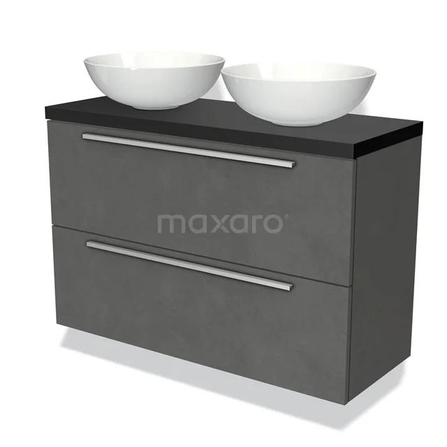 Grijze badkamermeubelset met zwarte blad, twee witte ronde waskommen en metalen handgrepen, modern design.