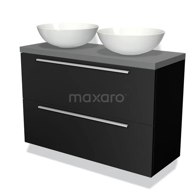Zwarte badkamermeubel met twee witte keramische opzetwaskommen en lades; strak design voor moderne badkamers.