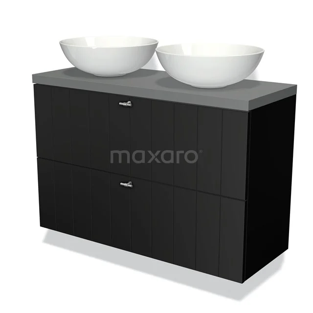 Zwarte badkamermeubelset met twee witte waskommen, grijs werkblad, strakke afwerking, ideaal voor moderne badkamers.