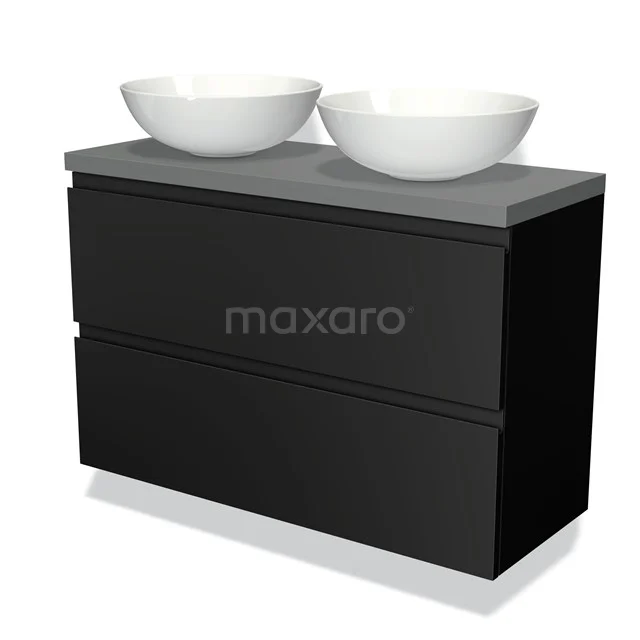 Black bathroom unit with two white countertop wash basins, concrete-look worktop and soft-close drawers for a modern and stylish bathroom.