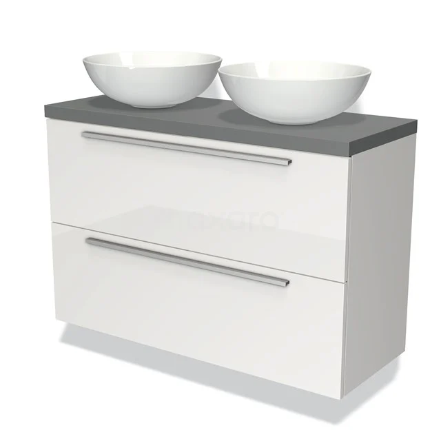 Wit badkamermeubel met dubbel wastafelblad, grijze top en twee grote lades; modern design van hoogglans materiaal.