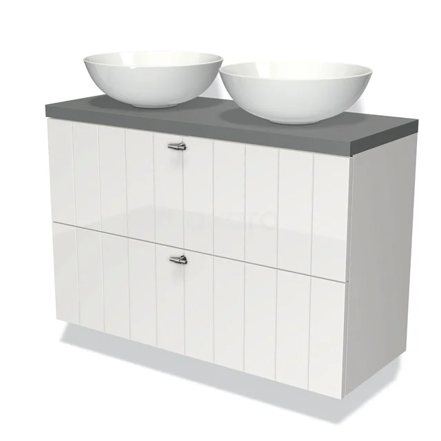 Waschtischunterschrank mit Konsole 100cm Modulo Plato Slim Hochglanz Weiß 2 Schubladen Laminat BMK37-01442 Weiße Badmöbel mit zwei ovalen Aufsatzwaschbecken und grauer Platte, praktische Schubladen, modernes Design aus Hochglanzmaterial.