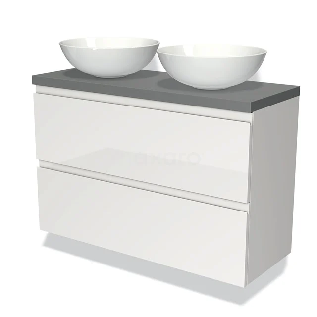 Weißes Badmöbel mit zwei runden Waschbecken, graue Platte und sanft schließende Schubladen, modernes Design, ideal für dein Badezimmer.