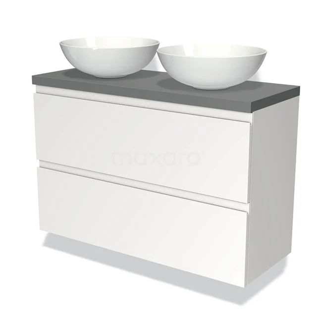 Weißes Badezimmermöbel mit zwei runden Waschbecken, graue Platte, moderner Stil, ideal für Organisation im Badezimmer.