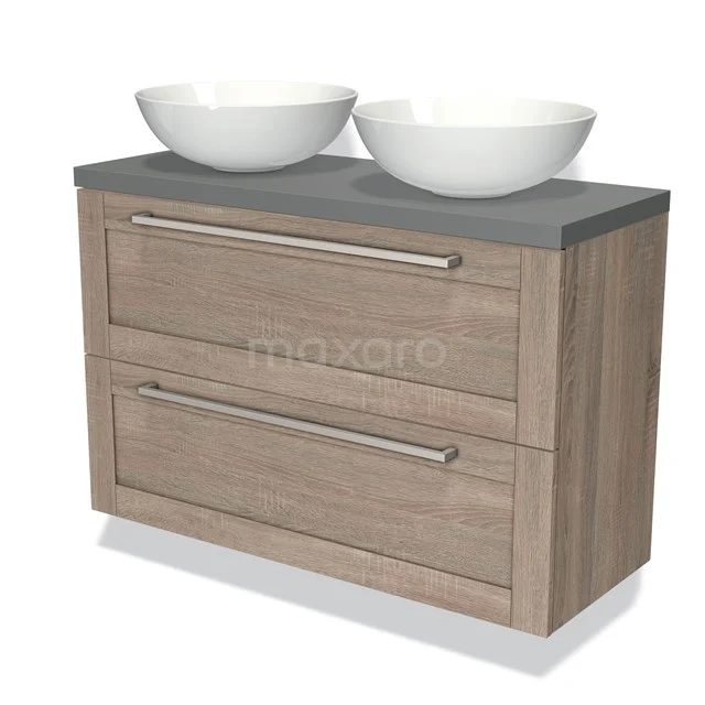 Wooden bathroom unit with two white countertop wash basins, grey worktop and modern handles, ideal for a stylish bathroom.