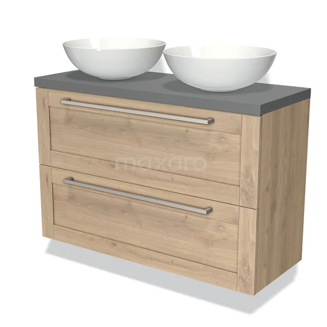Wooden bathroom unit with two white ceramic countertop wash basins, grey worktop and drawers with metal handles. Modern and stylish design.