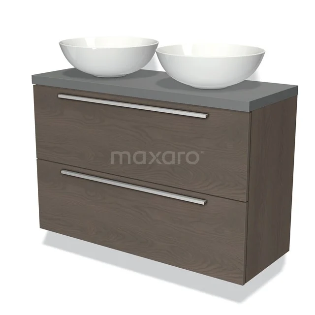 Badkamermeubel houtlook met grijze wastafel en dubbele witte waskommen, modern design en praktische opbergruimte.