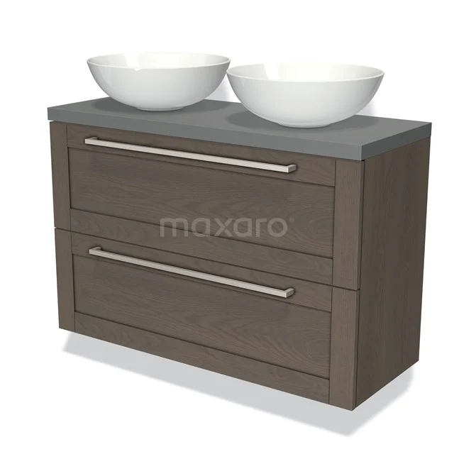 Houten wastafelmeubel met dubbele spoelbak, modern design, antraciet blad, ideaal voor stijlvolle badkamerinrichting.