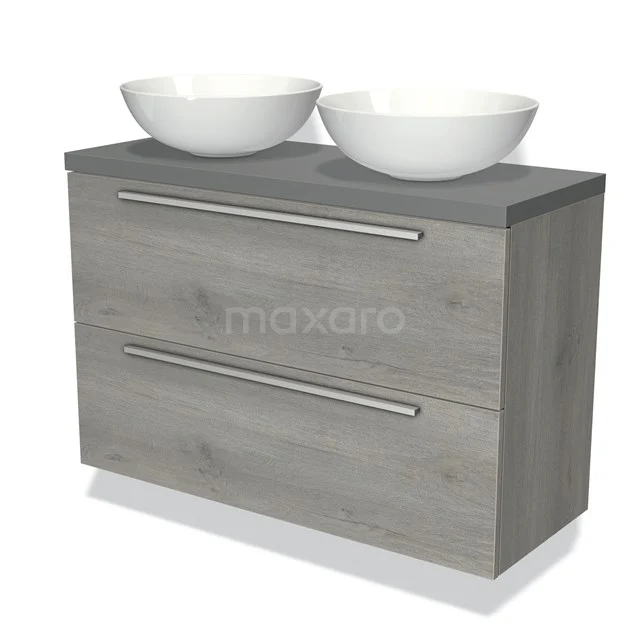 Grijze badkamerkast met houtlook, twee lades en dubbele witte waskommen, ideaal voor moderne badkamerinrichting.
