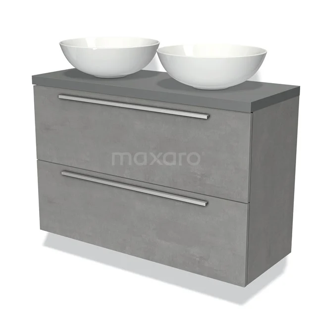 Grijze badkamermeubelset met twee witte waskommen, modern ontwerp met betonlook en metalen handgrepen.